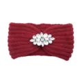 Red knitted headband with rhinestone crystal flower decor, winter warm hair accessory SKU. - Jujube Red