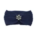 Dark blue knitted headband with sparkling rhinestone flower, warm ear warmer for yoga sports. - Navy Blue