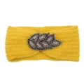 Yellow knitted rhinestone headband with beaded leaf detail, warm winter hair accessory. - Yellow
