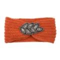 Knitted rhinestone headband detail showcasing beaded leaf embellishment and soft orange yarn. - Orange