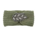Detailed view of the green knitted wool headband featuring exquisite beaded leaf design. - Pickle Green
