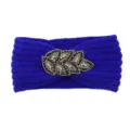 Royal blue knitted headband with beaded leaf rhinestone detail warm hair accessory for women - Sapphire Blue