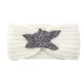 White knitted headband featuring a handmade beaded flower applique, warm and stylish for winter. - Cream