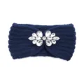 Blue knitted headband with sparkling crystal rhinestone cluster for women winter warm hair accessory. - Navy Blue