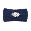 Dark blue knitted rhinestone headband, stylish warm wool winter hair accessory for women. - Navy Blue