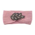 Detailed shot of pink knitted headband featuring sparkling rhinestone beaded leaf appliqué ornament. - Misty Pink