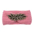 Pink knitted headband featuring a black and gold beaded leaf accent for women autumn winter. - Dusty Pink