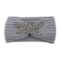 Grey knitted headband with metallic beaded flower detail, warm winter hair accessory. - Medium Grey