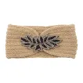 Chic beige knitted headband featuring an exquisite black beaded leaf embellishment for winter style. - Camel