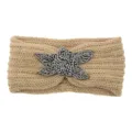 Knitted winter warm headband with sparkling beaded floral decoration for women and girls daily wear. - Camel