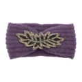 Purple knitted headband detail featuring beaded leaf applique, cozy winter hair accessory. - Purple