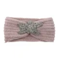 Handmade knitted wool headband with beaded floral embellishment, warm winter hair accessory. - Dusty Pink