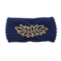 Blue knitted headband with sparkling rhinestone and bead leaf embellishment for winter warmth. - Navy Blue