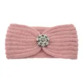 Pink knitted headband variant with rhinestone crystal flower button for women winter wear. - Misty Pink