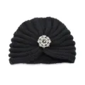 Black knitted turban hat for women, elegant winter warm beanie with shiny rhinestone brooch. - One Size / Black