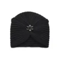 Black crystal flower knitted turban beanie, stylish warm winter bohemian head wrap hat. - One Size / Black
