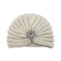 Beige knit turban hat with silver rhinestone brooch, bohemian winter warm pullover beanie cap. - One Size / Beige