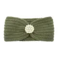 Green knitted headband with pearl rhinestone decoration, warm winter hair accessory for women. - Pickle Green