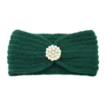 Dark Green Knitted Headband with Pearl Flower Accent Winter Warm Hair Band Accessory - Dark Green