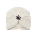 Chic rhinestone flower knitted turban hat, cozy warm winter crystal beanie for women stylish. - One Size / Cream