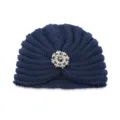 Navy blue knitted turban hat with silver rhinestone brooch, warm winter boho pullover headwear. - One Size / Navy Blue