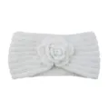 White knitted wool headband featuring a charming crochet flower design, warm winter hair accessory. - White