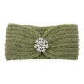 Olive green knit headband with crystal rhinestone snowflake centerpiece, soft winter warm hair accessory. - Pickle Green