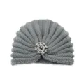 Grey knitted turban hat with crystal brooch, warm winter beanie for women and daily wear. - One Size / Medium Grey