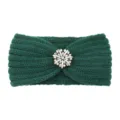 Dark green knitted headband with rhinestone crystal flower decor, warm winter hair accessory. - Dark Green
