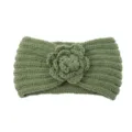 Olive green knitted wool headband with crochet camellia flower winter warm hair accessory - Green