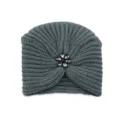 Grey knitted turban hat with crystal flower brooch for women winter warm beanie cap. - One Size / Gray
