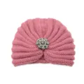 Pink knitted turban hat for women, elegant rhinestone brooch winter warm beanie cap chic style - One Size / Dusty Pink