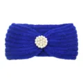 Blue knitted headband with pearl rhinestone decor winter warm ear warmer hair accessory. - Sapphire Blue