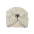 Damen Winter Mütze Strick Turban Kappe elegante Kristall Strass Blume Boho Kopfbedeckung warm - Einheitsgröße / Beige