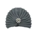 Dark grey knit turban hat with dazzling rhinestone brooch, stylish warm winter beanie cap. - One Size / Dark Gray