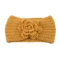 Mustard yellow knitted winter headband with a crochet flower design, warm and stylish. - Yellow