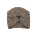 Braune gestrickte Kristall Blume Turban Mütze, stilvolle warme Winter Beanie Kappe. - Einheitsgröße / Khaki