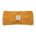 Yellow knitted headband with pearl rhinestone flower, winter warm hair accessory for women. - Turmeric