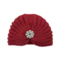 Burgundy knit turban hat with stunning silver crystal rhinestone brooch accessory for winter. - One Size / Jujube Red