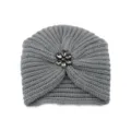 Graue Strick Turban Mütze mit Kristall Blumen Brosche Damen Herbst Winter Mütze - Einheitsgröße / Grau