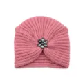 Rosa gestrickte Turbanmütze mit Kristallblumen Brosche, gemütliche warme Wintermütze. - Einheitsgröße / Rosa