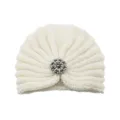 White knitted turban hat, winter warm bohemian pullover beanie with sparkling silver rhinestones - One Size / Cream