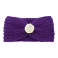 Purple knitted headband with pearl rhinestone flower decor cozy warm winter hair accessories stylish - Purple