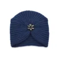 Dunkelblaue Strick-Turbanmütze mit funkelnder Kristallblume, warme Winter-Boho-Mütze. - Einheitsgröße / Marineblau