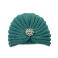 Dark green knitted turban hat with silver rhinestone brooch, bohemian winter warm headwear. - One Size / Dark Spruce