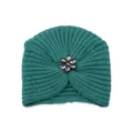 Gruene gestrickte Turbanmuetze mit Kristalldiamantblume fuer Damen Herbst Winter warm - Einheitsgröße / Dunkelgrün