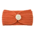 Orange knitted headband with pearl flower rhinestone charm winter warm hair accessory. - Orange