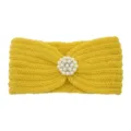 Yellow pearl knitted headband, warm winter fleece hair band, elegant flower hair accessory. - Yellow