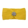 Yellow knitted headband with crystal rhinestone flower decor, warm winter hair accessory. - Yellow