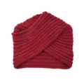 Close-up view of the dark red knitted turban hat, showing fine woolen texture and cross fold details. - One Size / Red
